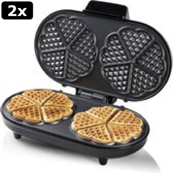 2x Bestron dubbel wafelijzer voor klassieke hartwafels, wafelijzer met antiaanbaklaag & Indicatielampje, 1200 watt, kleur: silver