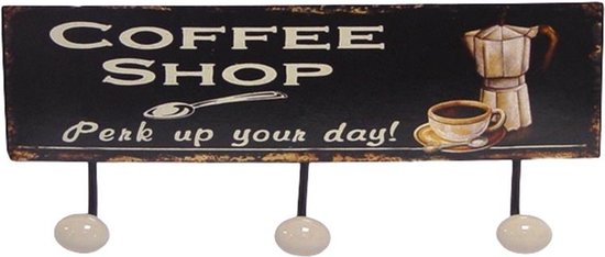 Wandkapstok - Wandbord Coffeeshop, perk up your day - 3 haken, set van 2 - 15 cm hoog