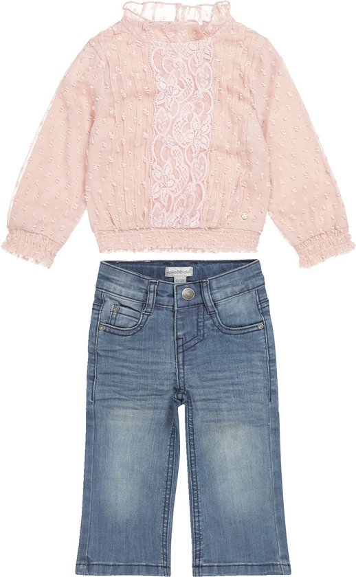 Koko Noko - Kledingset - 2 delig - Jeans blauw wide leg - Blouse Dusty Pink met kant - Maat 122