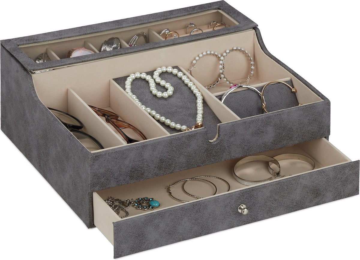 Relaxdays women's jewellery display without lid, velvet, 30 compartments, flat, jewellery platter rings, black