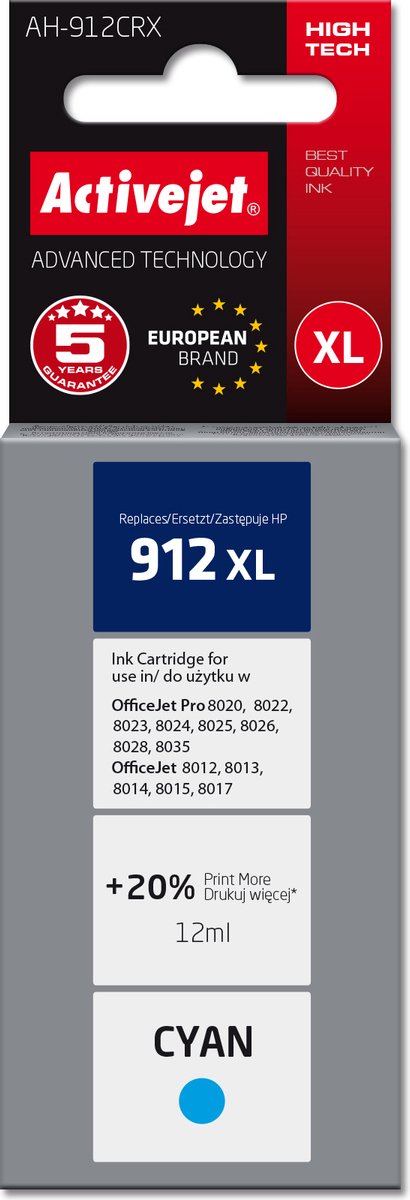 Activejet AH-912CRX inkt voor HP printers, Vervanging HP 912XL 3YL81AE; Premium; 990 pagina's; blauw
