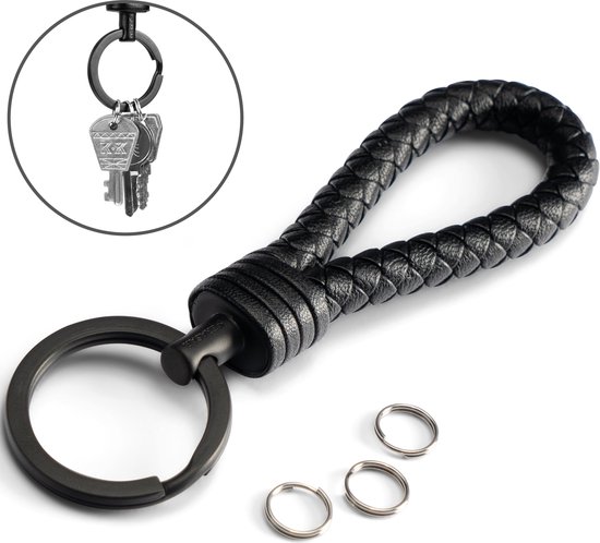 SERASAR Porte-clés [Strong], Noir, en Cuir avec Porte-clés en Acier Inoxydable
