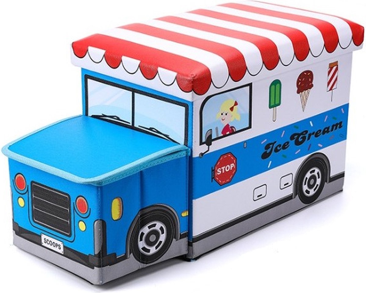 MONOO Speelgoedkist met Deksel - IJscowagen Blauw - Opbergbox en Poef in één - Opvouwbaar - Sorteervakken - Speelgoed - Opbergruimte