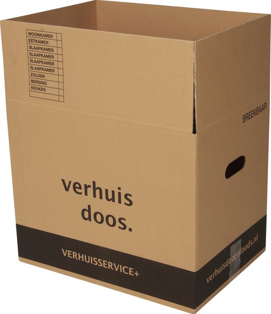 Bruine kartonnen verhuisdoos met tekst 'verhuis doos.' en 'VERHISSSERVICE+'. Handvatten aan de zijkant. Vakjes om kamers aan te duiden.