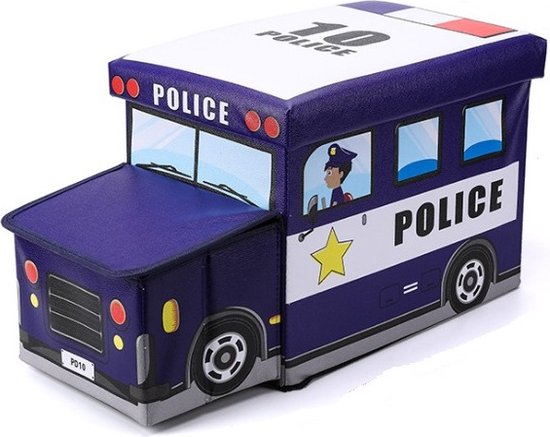 MONOO Speelgoedkist met Deksel - Politieauto - Opbergbox en Poef in één - Opvouwbaar - Sorteervakken - Speelgoed - Opbergruimte