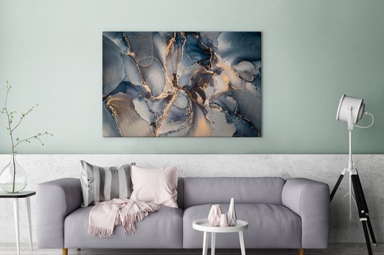 Toile Peinture Marbre - Grijs - Blauw - Luxe - Or - 120x80 cm - Décoration murale