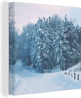 Canvas Schilderij Bos - Sneeuw - Winter - 90x90 cm - Wanddecoratie