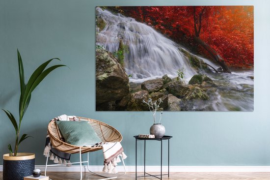 Toile Peinture Cascade - Rochers - Water - Automne - 180x120 cm - Décoration murale XXL
