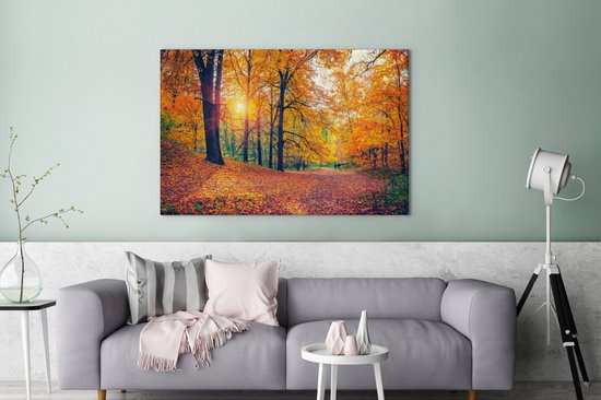 Toile Peinture Arbres - Automne - Forêt - Feuilles d'Automne - 140x90 cm - Décoration murale