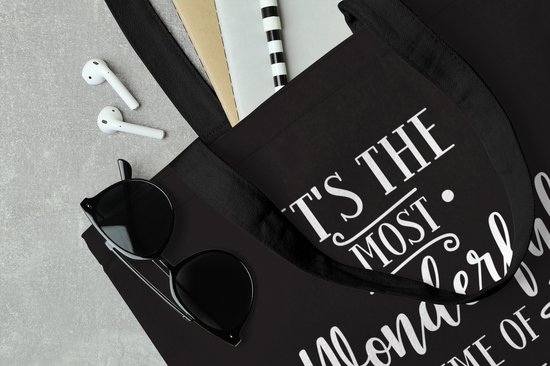 Sac à bandoulière - Sac de plage - Citation de Noël Shopper C'est la plus belle période de l'année sur fond noir - 45x45 cm - Sac en coton