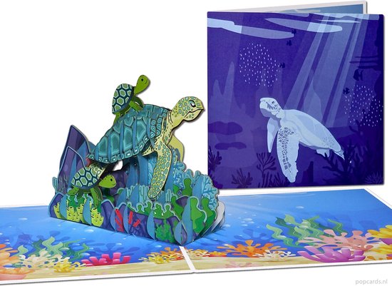 Popcards popupkaarten – Schildpad met 2 kindjes Zeeschildpad Oceaan Turtle Sealife Geboortekaart pop-up kaart 3D wenskaart