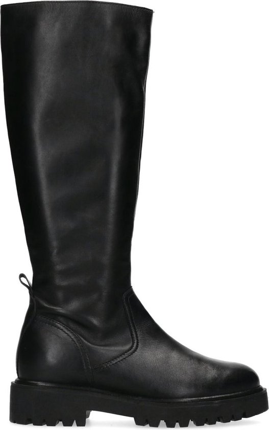 Manfield - Dames - Zwarte leren hoge laarzen met platte zool - Maat 40 |  bol.com