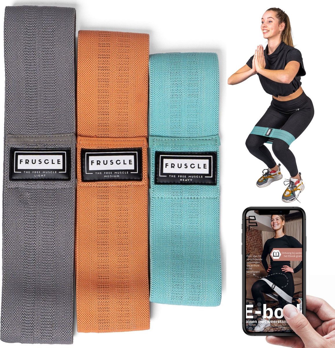 Fruscle® Weerstandsbanden set - Benen en billen trainen - fitness elastiek yoga crossfit- met ebook en opbergtas