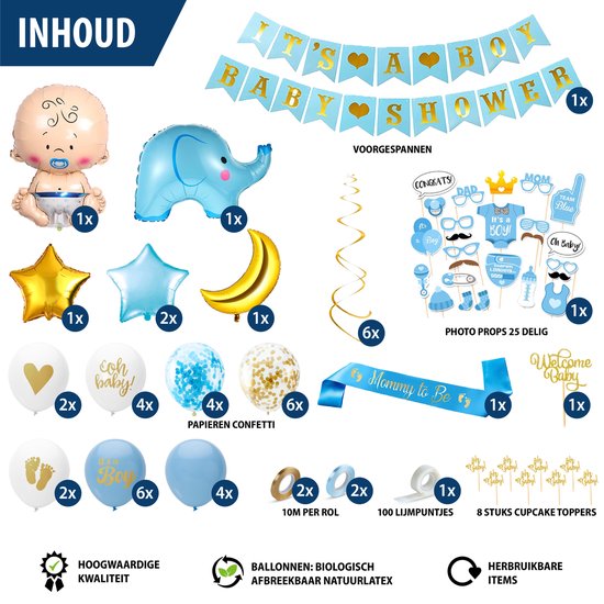 Fissaly 81 Stuks Babyshower Jongen & Gender Reveal Versiering – Baby Boy – Mommy to Be Party Decoratie Pakket - Fissaly