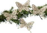 Kerstboom vlinders op clip - 14 cm - 4x stuks - champagne glitter - kunststof