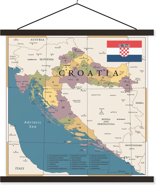 Posterhanger incl. Poster 90x90 cm - Schoolplaat - Kaart van Kroatië met de provincies en steden - Textielposter - Zwarte latten