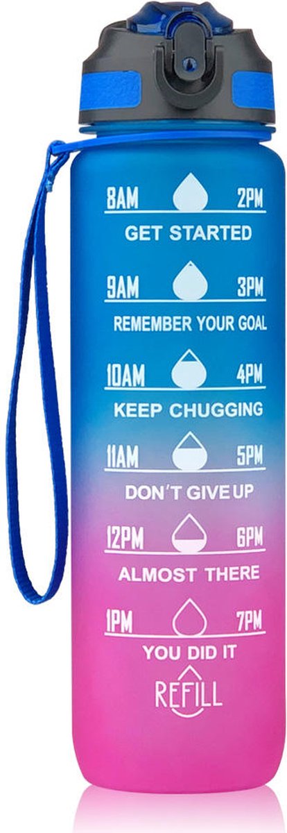 Waterfles met tijdmarkering - Motivatie Drinkfles Met Rietje - 1 Liter Waterfles - BPA vrij - Blauw Roze