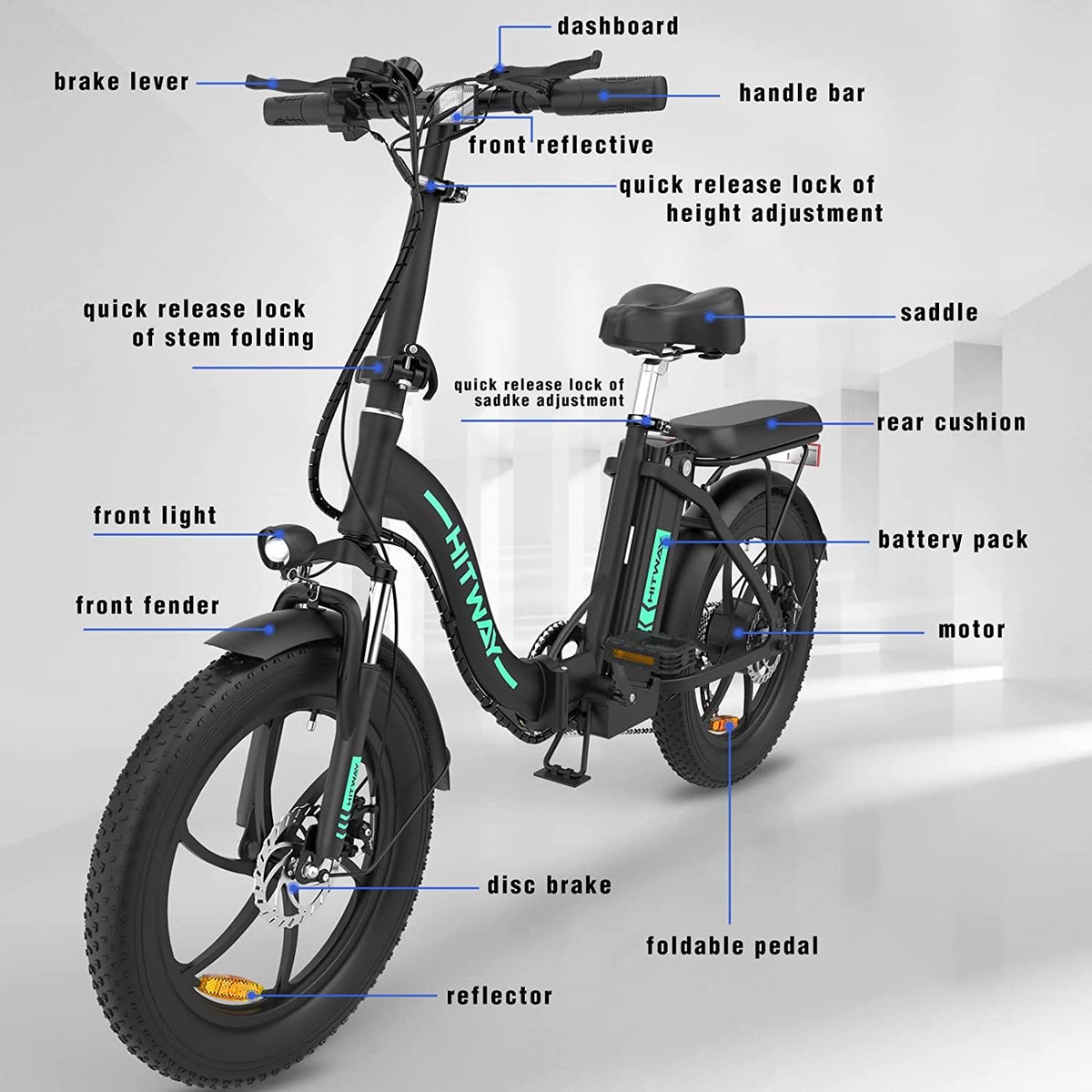Vélo Electrique Noir pouces 250W 36V 11.2Ah VTT Fat Bike Electrique Pliable - Vélo électrique
