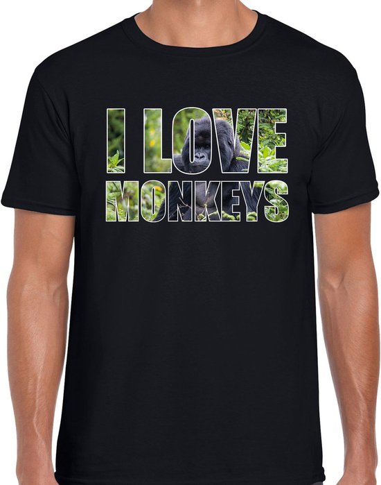 Tekst shirt I love monkeys met dieren foto van een gorilla aap zwart voor heren - cadeau t-shirt apen liefhebber S