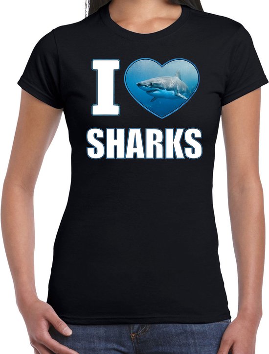 I love sharks t-shirt met dieren foto van een haai zwart voor dames - cadeau shirt haaien liefhebber S