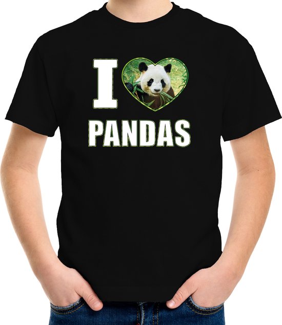 I love pandas t-shirt met dieren foto van een panda zwart voor kinderen - cadeau shirt pandas liefhebber - kinderkleding / kleding 122/128