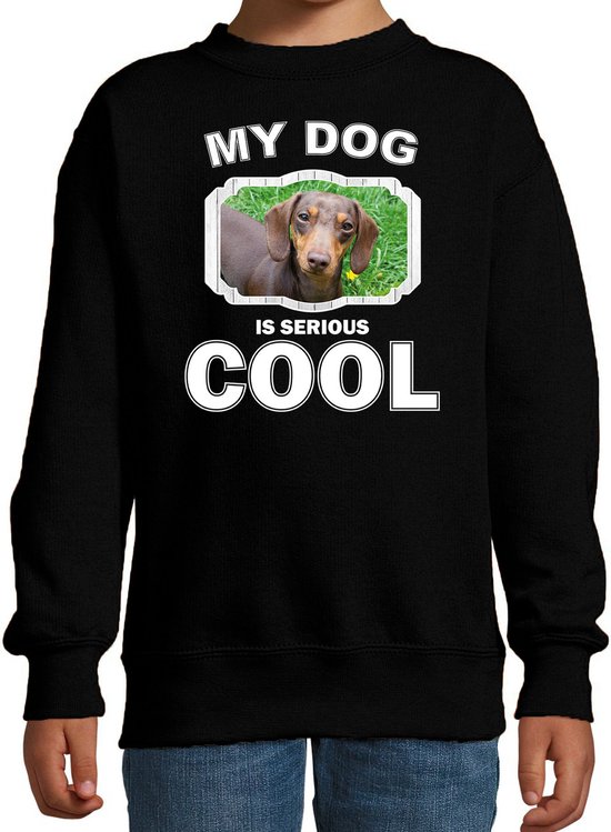 Teckel honden trui / sweater my dog is serious cool zwart - kinderen - Teckels liefhebber cadeau sweaters - kinderkleding / kleding 170/176