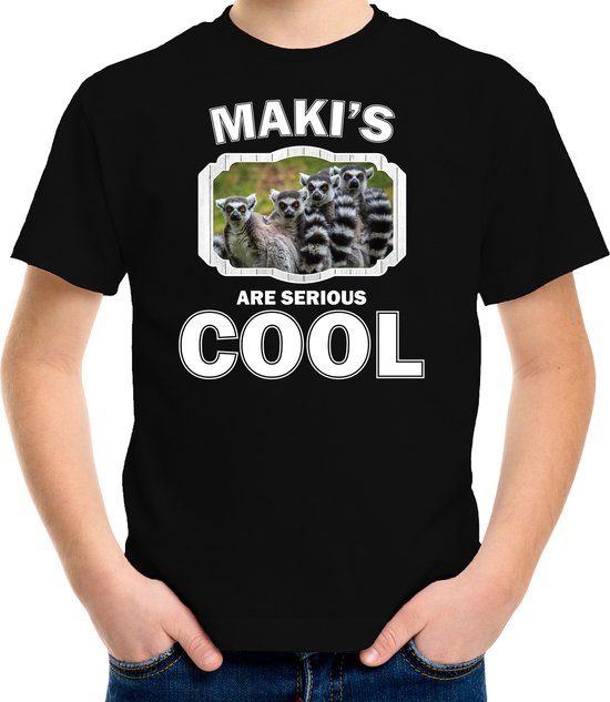 Dieren maki apen t-shirt zwart kinderen - makis are serious cool shirt  jongens/ meisjes - cadeau shirt maki familie/ maki apen liefhebber - kinderkleding / kleding 134/140