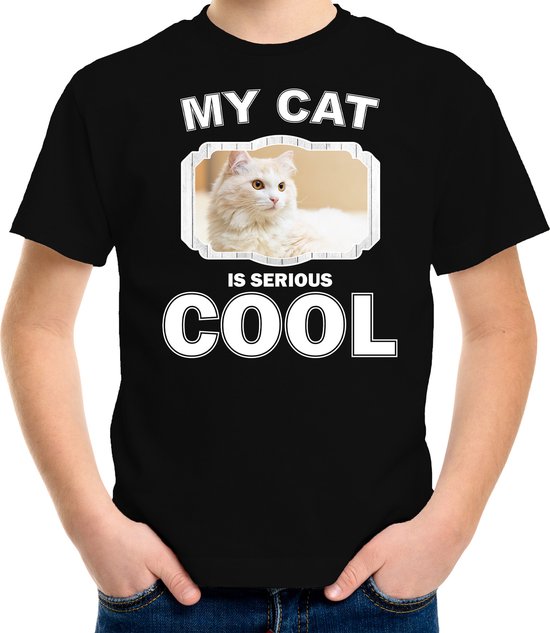 Witte kat katten t-shirt my cat is serious cool zwart - kinderen - katten / poezen liefhebber cadeau shirt - kinderkleding / kleding 158/164