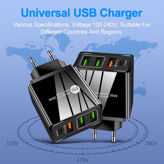 DrPhone HALO6 DELUXE - 20W 4 USB Poorten Snel Lader – USB-C PD 3.0/ Qualcomm 3.0 - Thuislader- Oplader 5V 3A / 9V 2.2A - Universeel – Zwart - DrPhone