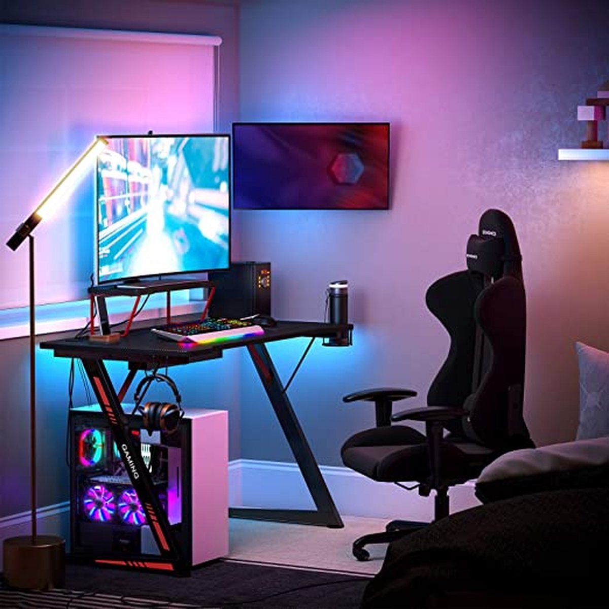 VASAGLE LWD192B56 Gamingtafel Met Ledverlichting En Ingebouwde Stekkerdoos – 60x120x76 Cm, Klassiek Zwart, Incl. Monitorstandaard