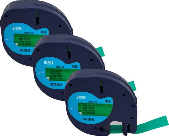 Drie DULA label cassettes met groene plastic tape, 12mm x 4m. Model "91204 S0721640"