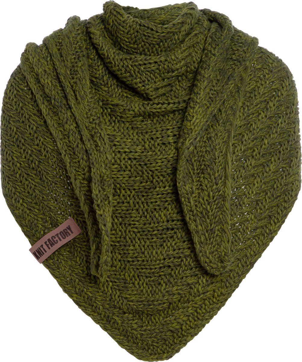 Knit Factory Sally Gebreide Omslagdoek - Driehoek Sjaal Dames - Dames sjaal - Wintersjaal - Stola - Wollen sjaal - Groen gemêleerde sjaal - Mosgroen/Khaki - 220x85 cm - Grof gebreid