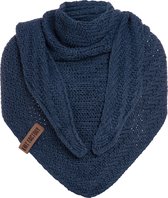 Knit Factory Sally Gebreide Omslagdoek - Driehoek Sjaal Dames - Dames sjaal - Wintersjaal - Stola - Wollen sjaal - Donkerblauwe sjaal - Jeans - 220x85 cm - Grof gebreid