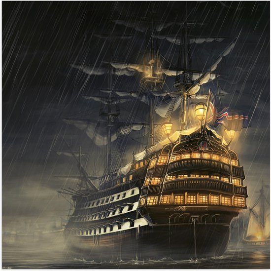 WallClassics - Poster (Mat) - Groot Schip op Zee in Storm - 50x50 cm Foto op Posterpapier met een Matte look