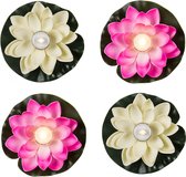 Setje van 4x stuks decoratie waterlelies met LED-licht 13 cm wit/roze - Tuin/vijver decoraties