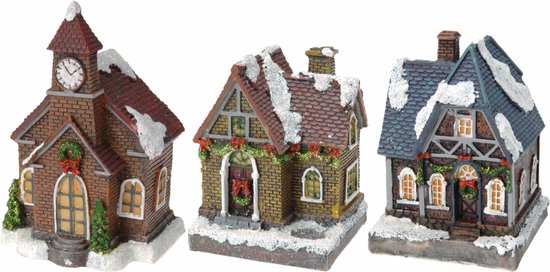 Kerstdorp huisjes set van 3x huisjes met Led verlichting 13 cm - Kleuren veranderen doorlopend voor extra sfeer