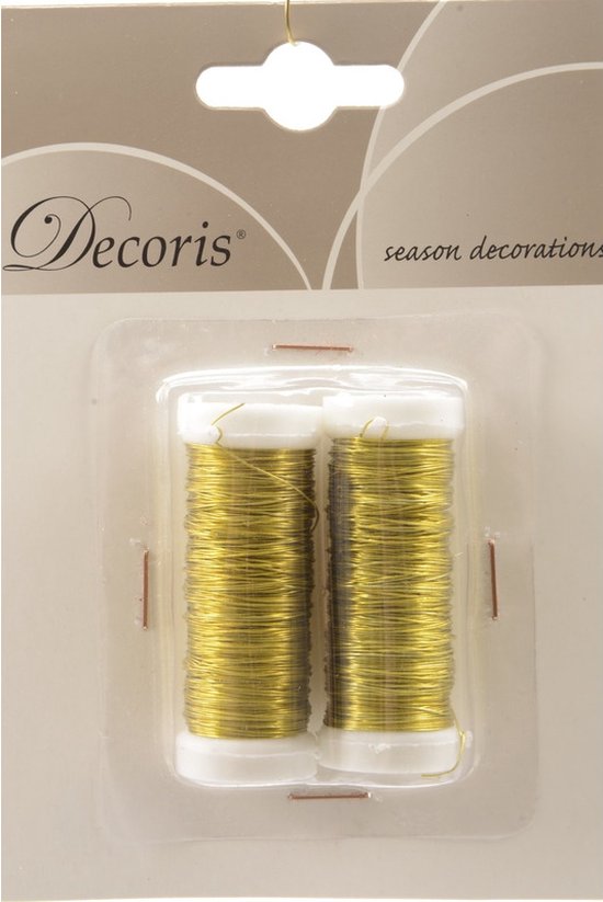 Twee rolletjes goudkleurig metaaldraad in plastic verpakking met 'Decoris' logo.
