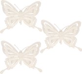 4x stuks decoratie vlinders op clip glitter wit 14 cm - Bruiloftversiering/kerstversiering decoratievlinders