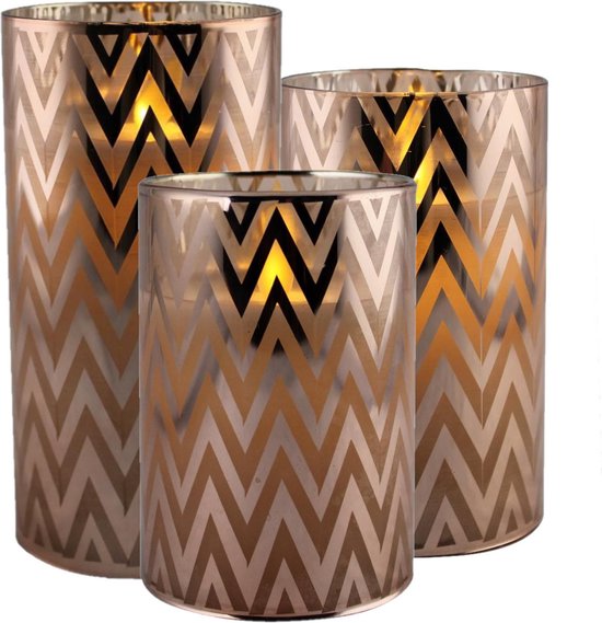3x stuks luxe led kaarsen in koper glas H10 cm, H12,5 cm en H15 cm - Kerstversiering