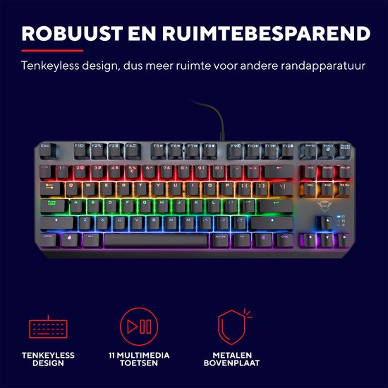 Robuust en ruimtebesparend tenkeyless toetsenbord met 11 multimedia toetsen en metalen bovenplaat.