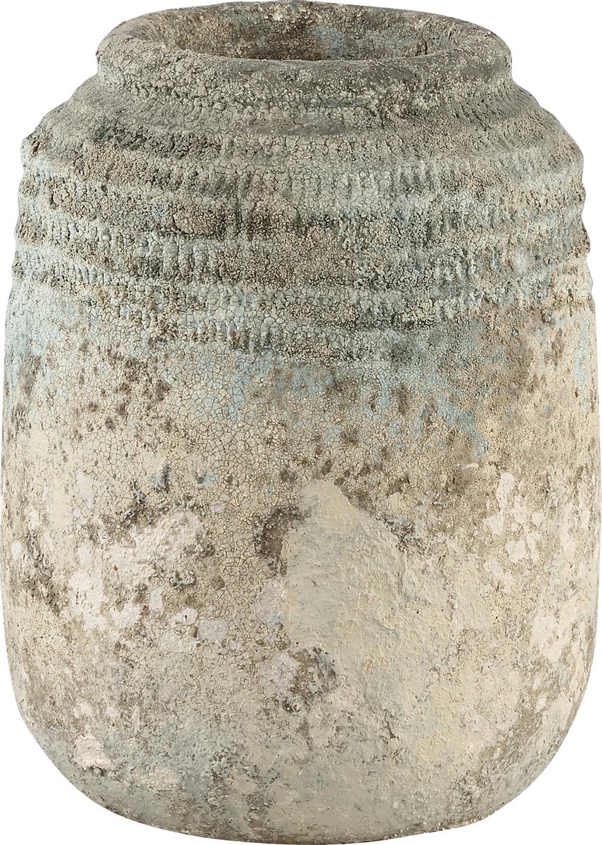 PTMD COLLECTION PTMD Cai oud grijs blauwe stenen pot L old blue ceramic pot round border high L 28 cm