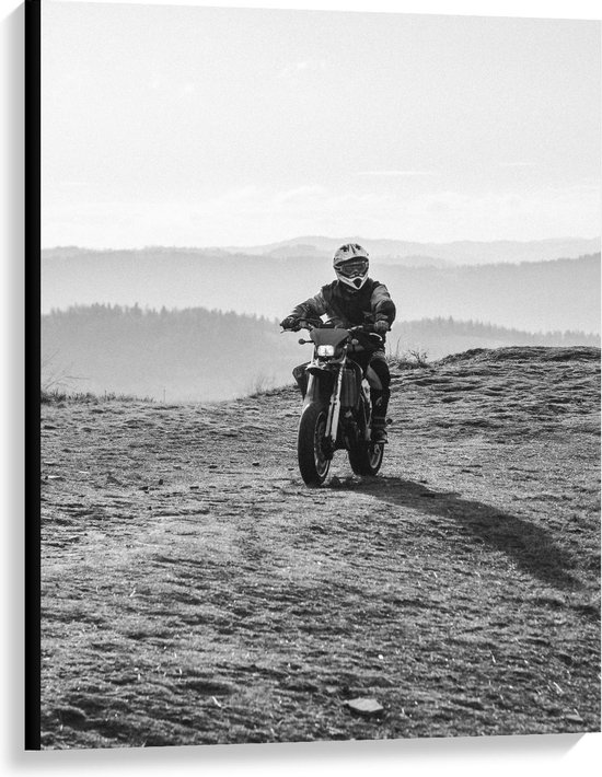 Canvas  - Motorcrosser in Bergen (zwart/wit) - 75x100cm Foto op Canvas Schilderij (Wanddecoratie op Canvas)
