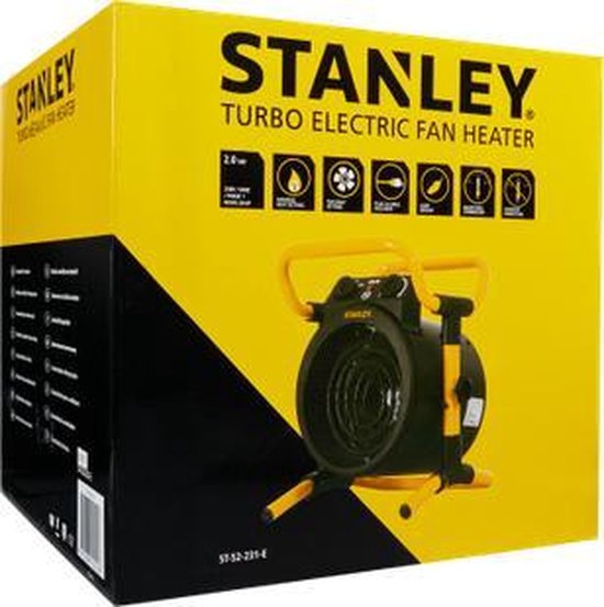 Verpakking van de Stanley Turbo elektrische kachel met productinformatie.