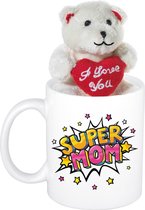 Moeder cadeau Super mom pop art beker / mok 300 ml met beige knuffelbeertje met love hartje - Moederdag cadeautje