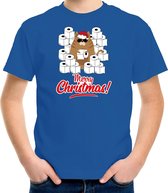 Fout Kerstshirt / Kerst t-shirt met hamsterende kat Merry Christmas blauw voor kinderen- Kerstkleding / Christmas outfit L (140-152)