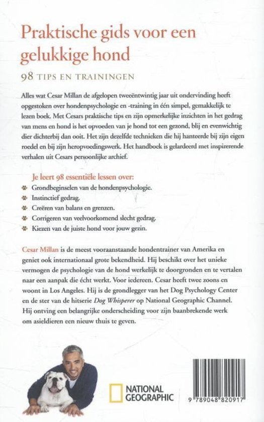 Cesar Millan met een Engelse Bulldog, boek "Praktische gids voor een gelukkige hond".