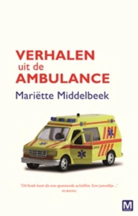 Boek 'Verhalen uit de ambulance' met een gele ambulance op de voorkant.