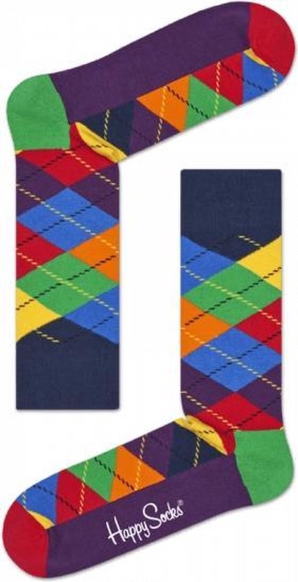 Paars/groene sokken met veelkleurige ruiten en donkerblauwe boord met gele streep.
