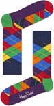 Paars/groene sokken met veelkleurige ruiten en donkerblauwe boord met gele streep.