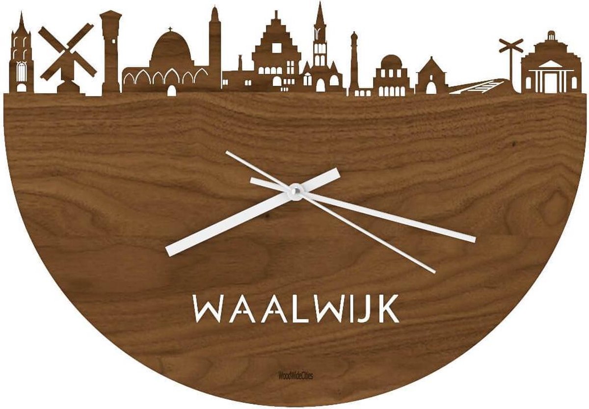 Skyline Klok Waalwijk Notenhout - Ø 40 cm - Stil uurwerk - Wanddecoratie - Meer steden beschikbaar - Woonkamer idee - Woondecoratie - City Art - Steden kunst - Cadeau voor hem - Cadeau voor haar - Jubileum - Trouwerij - Housewarming - WoodWideCities